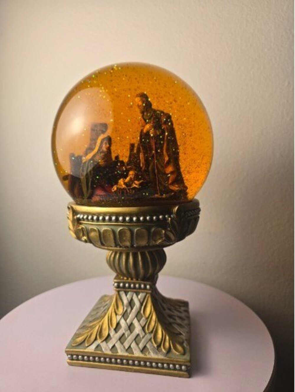 Vintage 10.5" Nativity Scene Snow Globe Ornate Gold Base Heavy 6.5 lbs